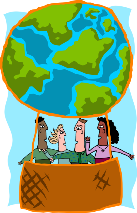 Vector Illustration of Business Colleagues in Globe Hot Air Balloon