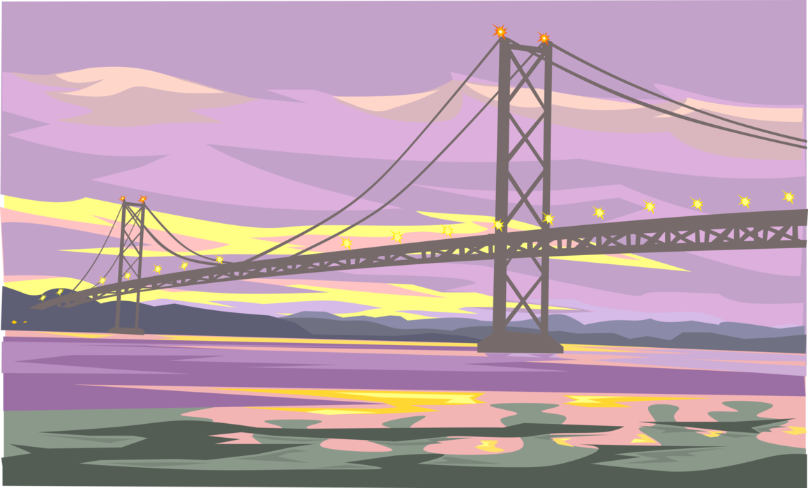 Vector Illustration of Suspension Bridge at Night Over Water