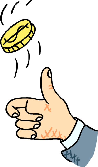 Vector Illustration of Decision Making Hand Flipping Coin in the Air Heads or Tails Coin Toss