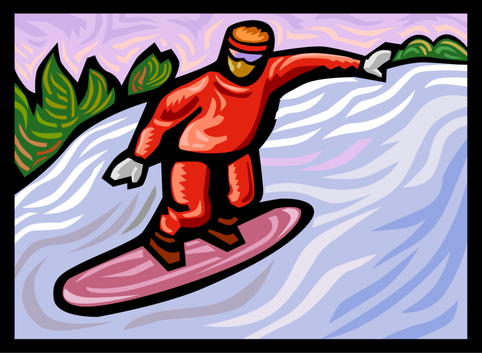 Vector Illustration of Snowboarder on Snowboard on Hill Covered with Snow Snowboarding
