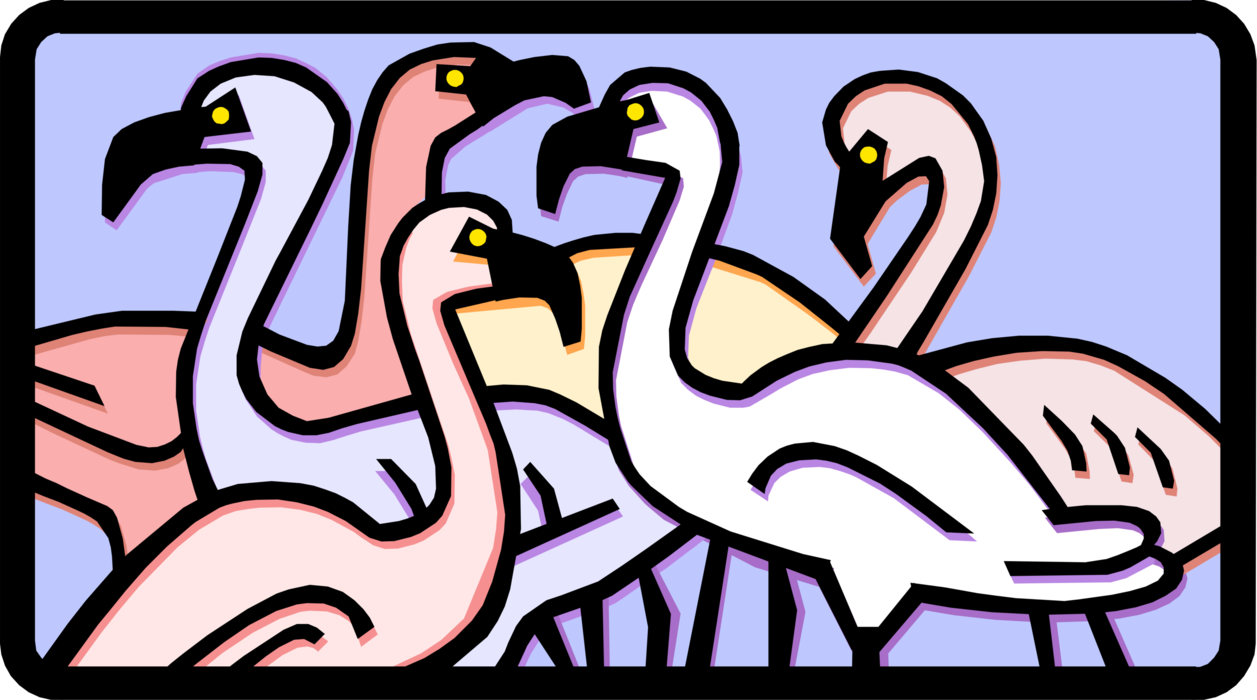 Vector Illustration of Pink Flamingo Wading Birds Socialize
