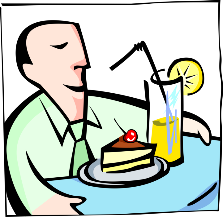 Vector Illustration of Restaurant Maître d'hôtel Waiter Serves Iced Tea Drink and Cake
