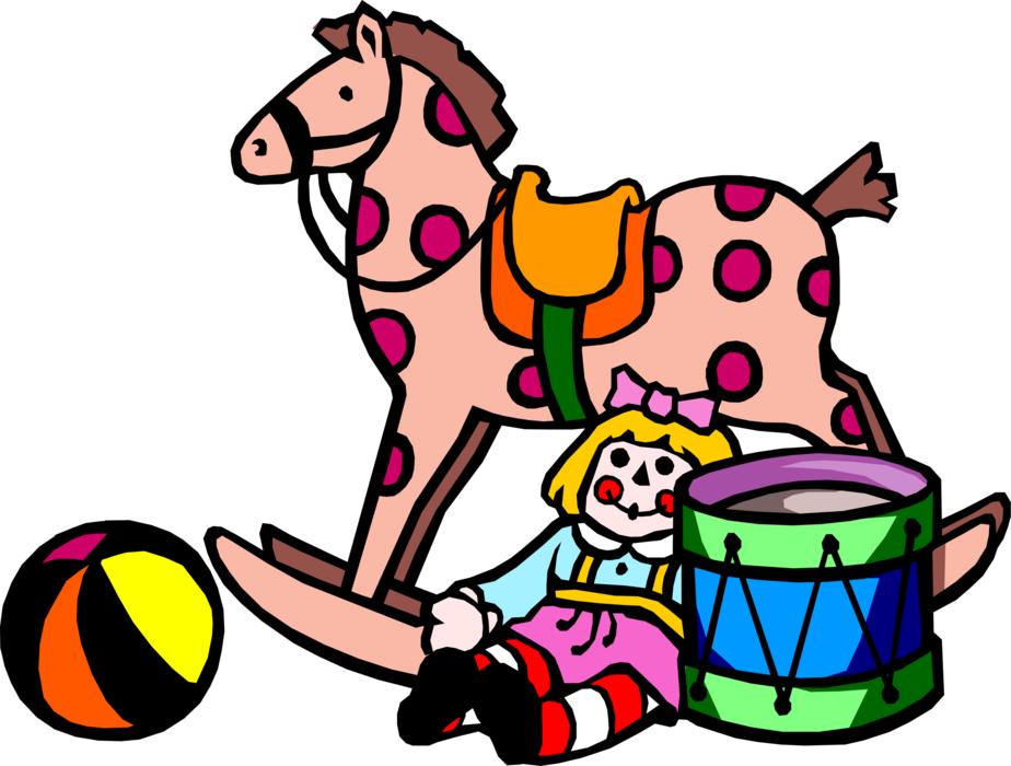 Vector Illustration of Children's Rocky Horse Toy with Doll and Drum