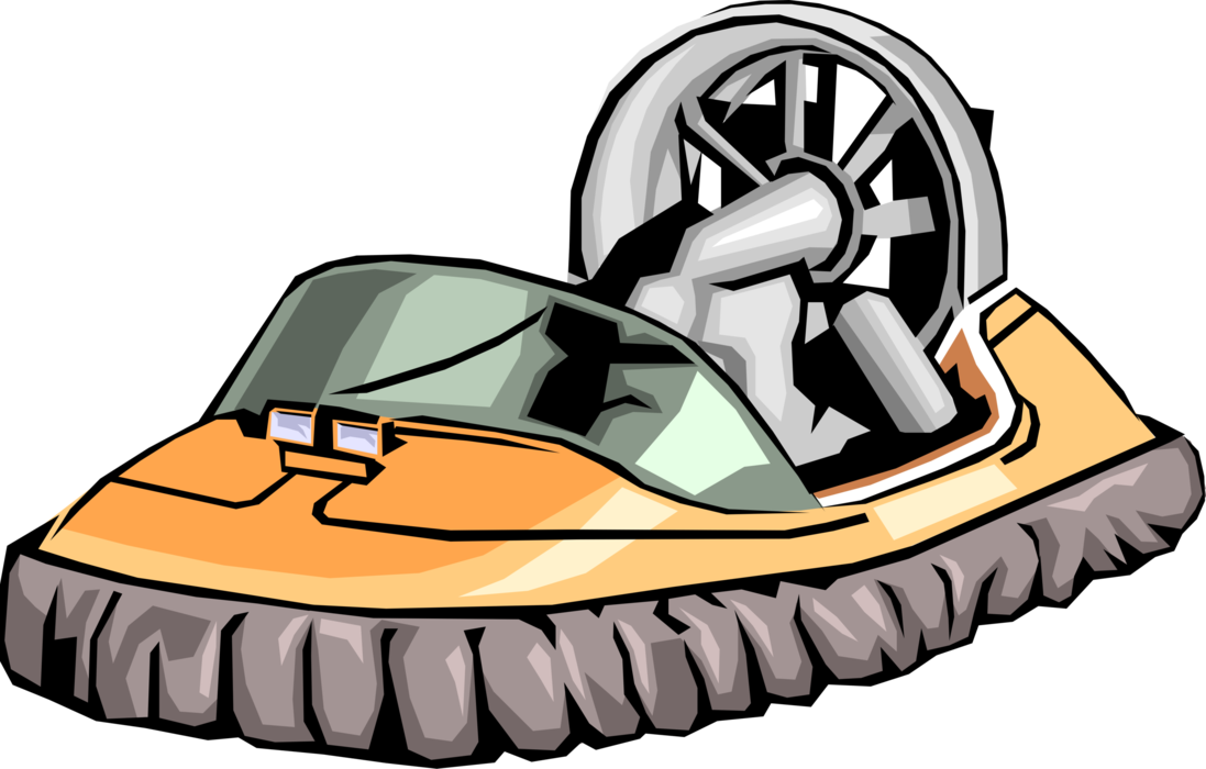 Vector Illustration of Hovercraft Air-Cushion Vehicle Travels Over Land, Water, Mud or Ice
