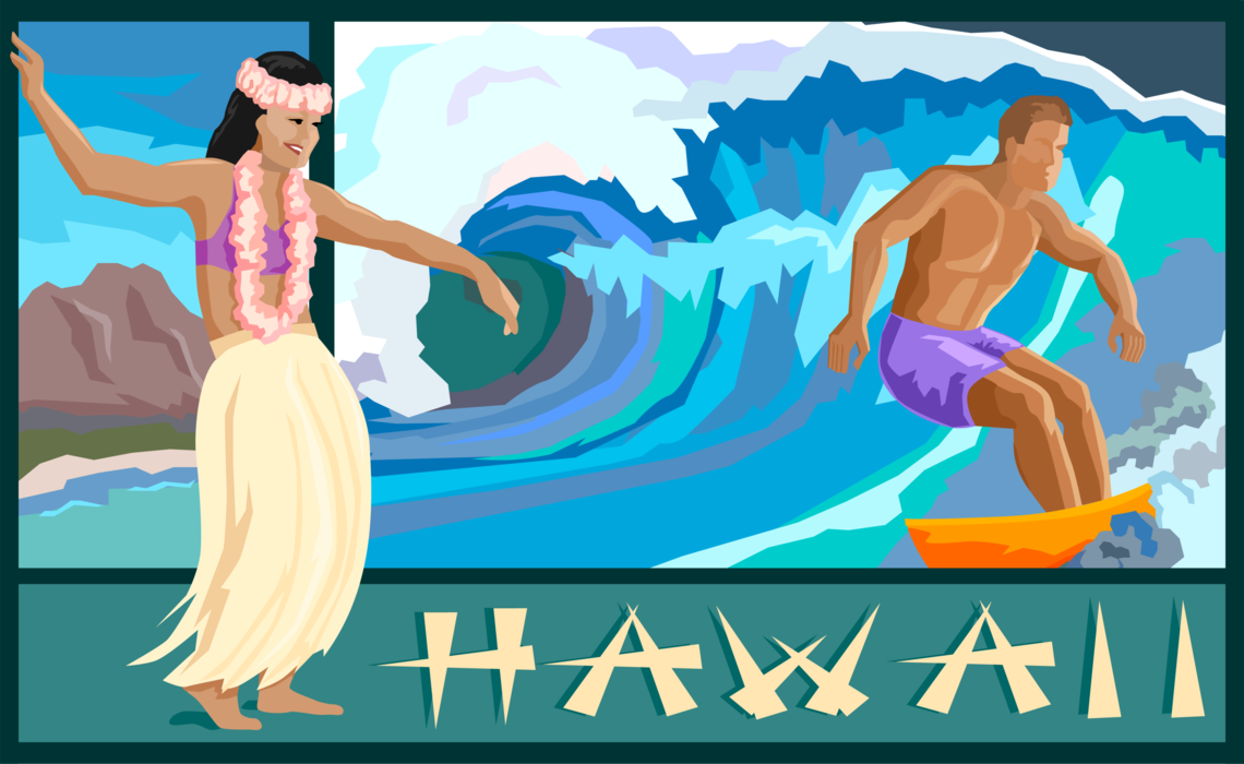 Vector Illustration of Hawaii State Postcard Design Featuring Hula Dancer