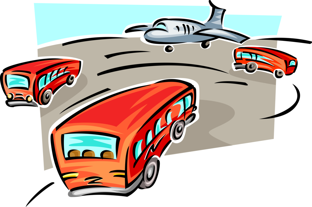 Vector Illustration of Airport Shuttle Buses Approaching Jet Airplane on Runway