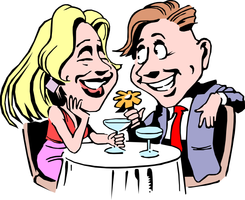 Vector Illustration of Blind Date Male and Female Enjoy Conversation and Cocktails