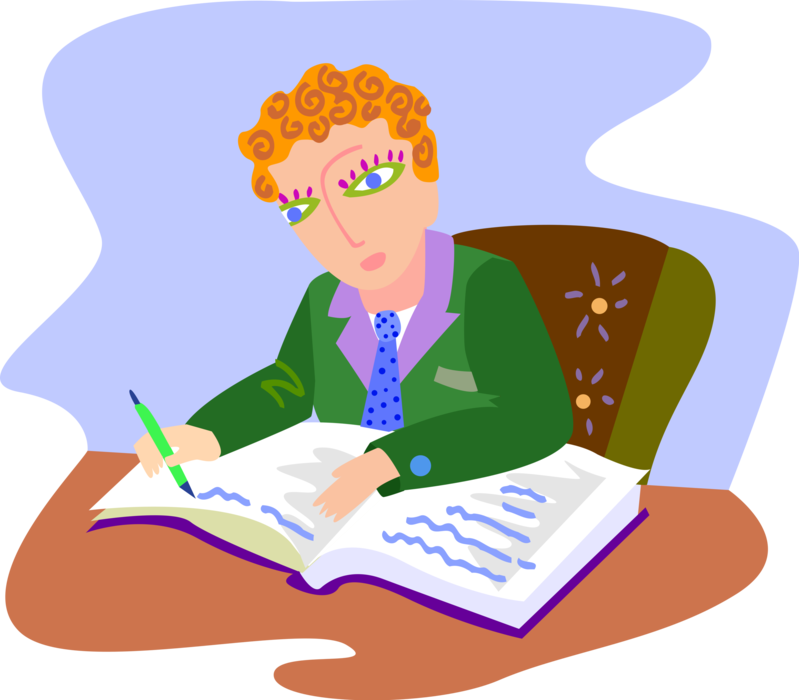 Vector Illustration of Businessman Writing in His Journal at Office Desk