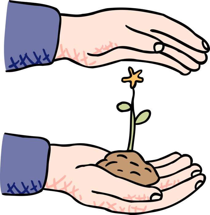 Vector Illustration of Hands Protect Germinated Seedling Plant