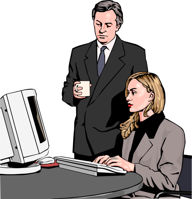 Vector Illustration of Businesswoman and Man in Discussion at Computer