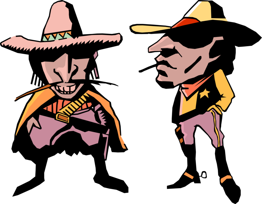 Vector Illustration of Old West Mexican Bandito Cowboy Stereotype with Sheriff