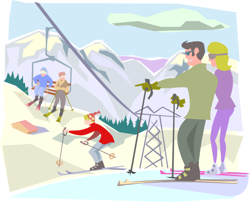 Vector Illustration of Downhill Alpine Skiers on Top of Hill Enjoy Day on the Slopes