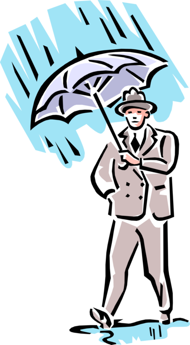 Vector Illustration of Businessman Walking in Rain with Umbrella