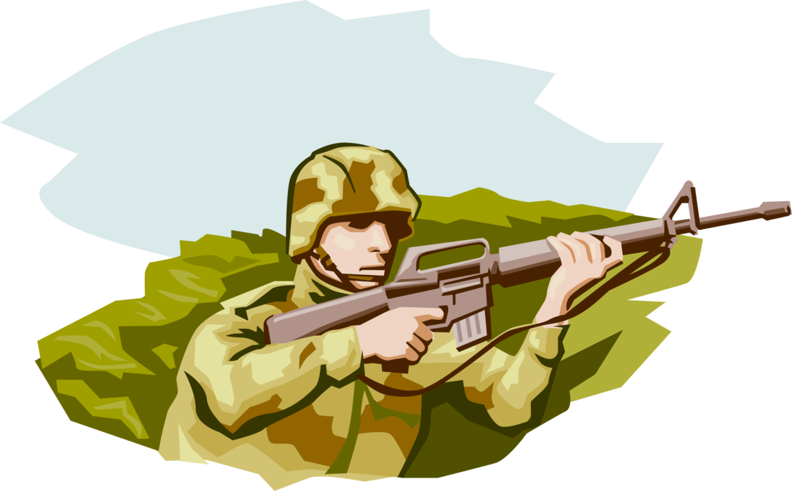 Vector Illustration of Military Soldier in Trench with Automatic Rifle Weapon