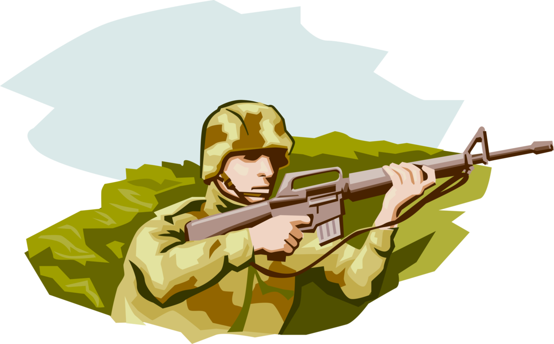 Vector Illustration of Military Soldier in Trench with Automatic Rifle Weapon