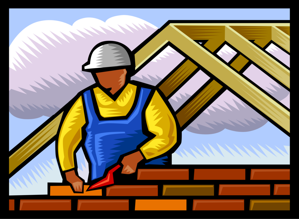 Vector Illustration of Building Construction with Mason Bricklayer Building Masonry Brick Wall