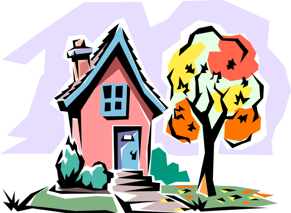 Vector Illustration of Urban Family Home Residence House in Autumn