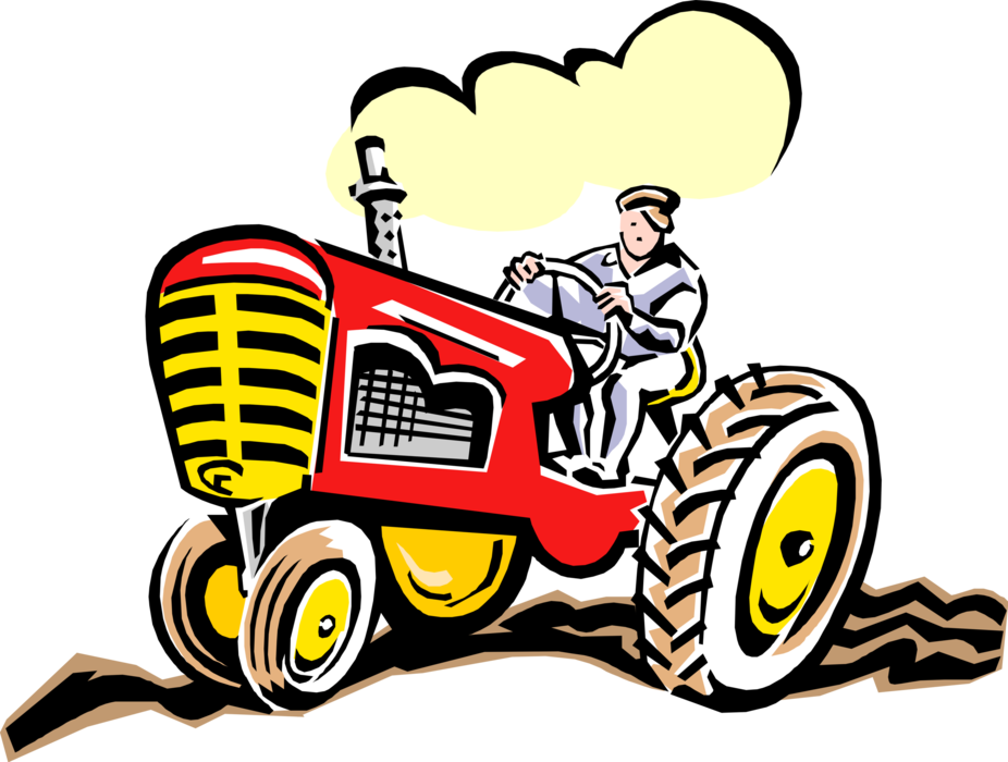 Vector Illustration of Farmer Riding Farm Equipment Tractor