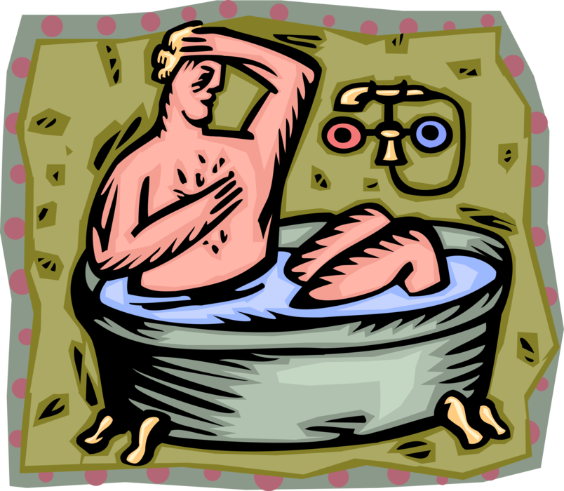 Vector Illustration of Large Man Takes Bath in Small Bathtub