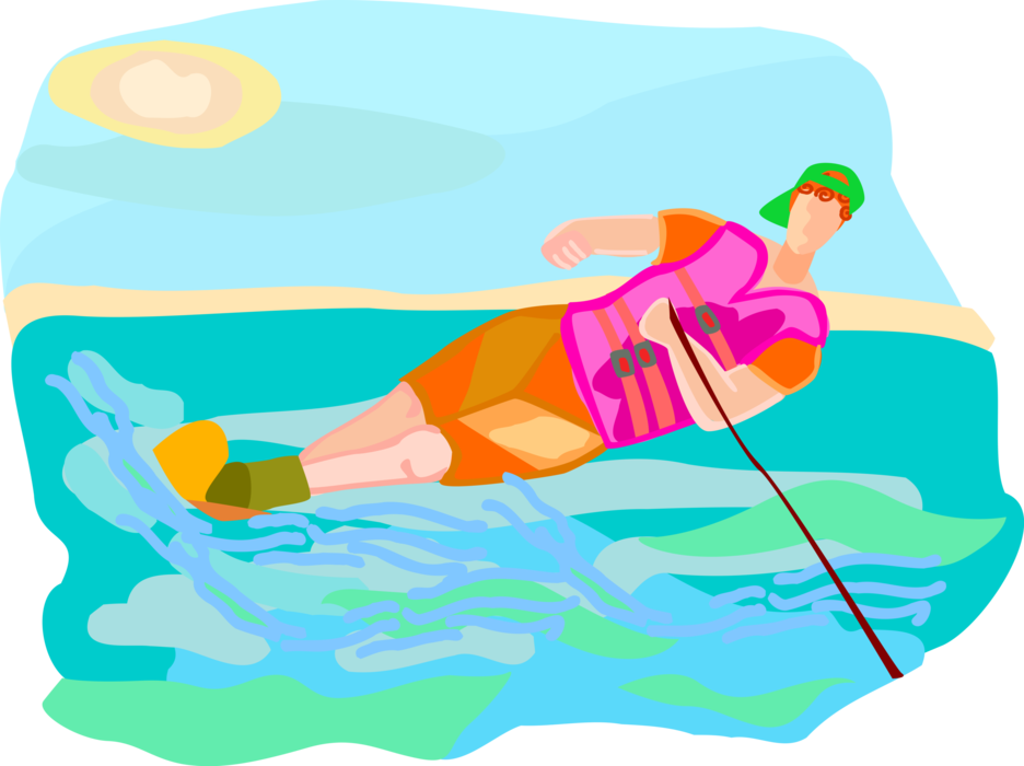 Vector Illustration of Water Skier Water Skiing Behind Watercraft Tow Boat