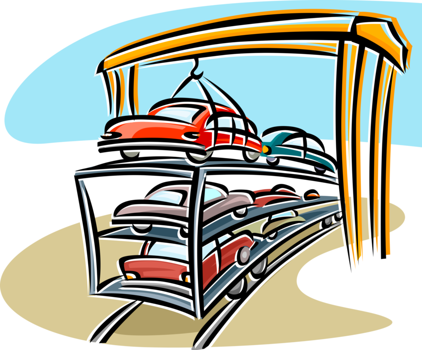 Vector Illustration of Railway Transportation Loading New Automobile Cars for Transport by Rail