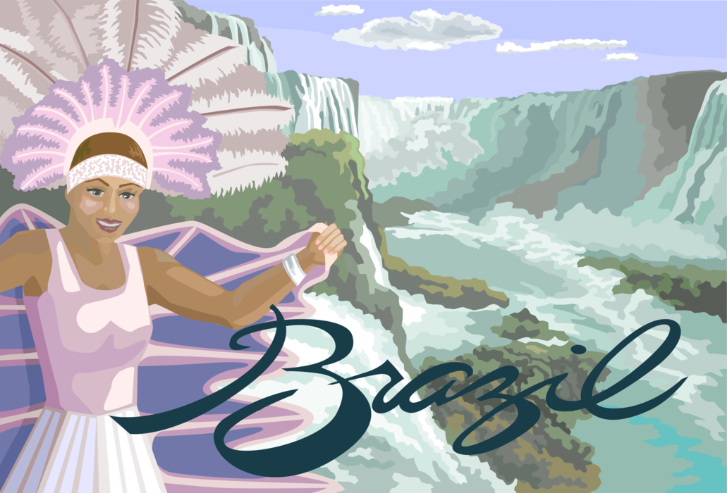 Vector Illustration of Brazil Postcard Design with Iguazu Falls and Rio De Janeiro Carnival Dancer