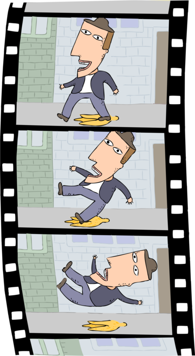 Vector Illustration of Filmstrip of Scene with Man Slipping and Falling on Banana Peel