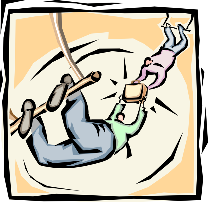 Vector Illustration of Businessmen Performing Acrobatics on Trapeze in Office Circus