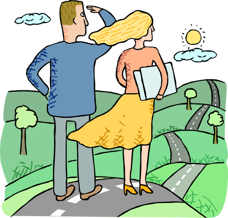 Vector Illustration of Viewing the Horizon, Business Man and Woman Look Down the Road