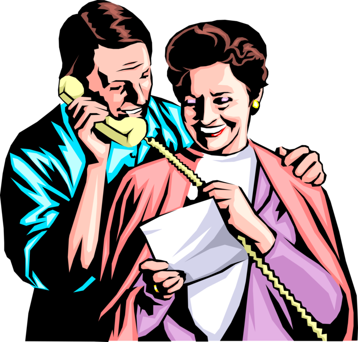 Vector Illustration of Man and Woman Share Good News on Telephone