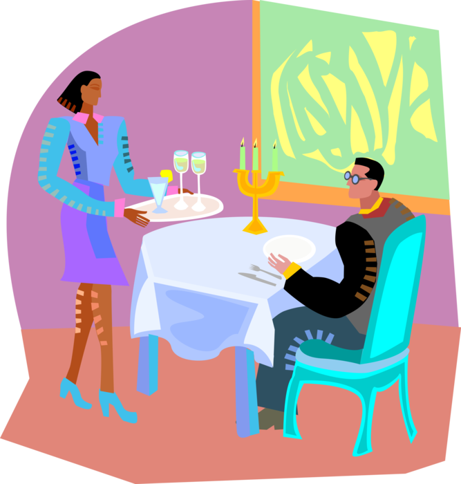 Vector Illustration of Waitress Server Delivers Drinks Before Dinner at Restaurant 