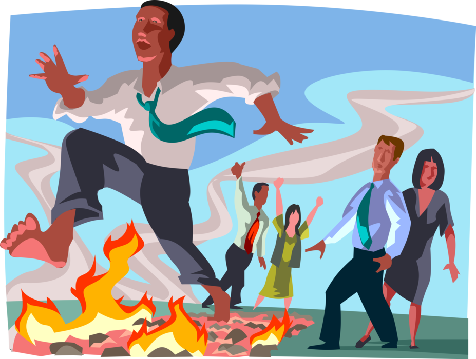 Vector Illustration of Businessman Walking on Burning Hot Coals in Team Building Retreat