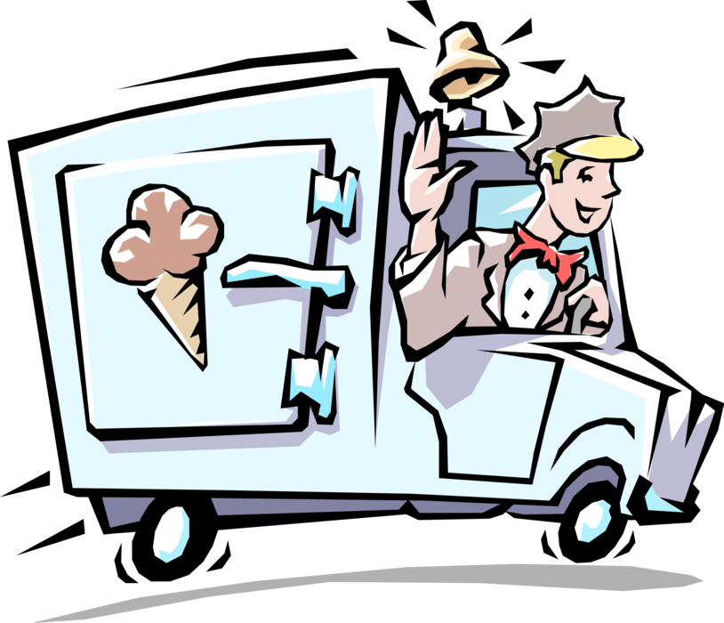 Vector Illustration of Gelato Ice Cream Man with Truck Vehicle Dispensing Frozen Treats