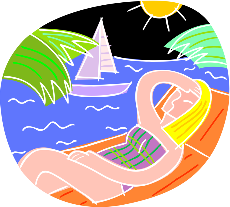 Vector Illustration of Day at the Beach Relaxing on Lounge Chair Watching the Sailboats