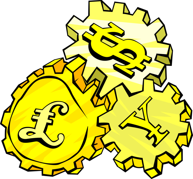 Vector Illustration of Turning Gears of International Finance Money