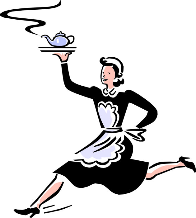 Vector Illustration of Housekeeper Maid Dashes to Provide Tea Service with Teapot on Tray