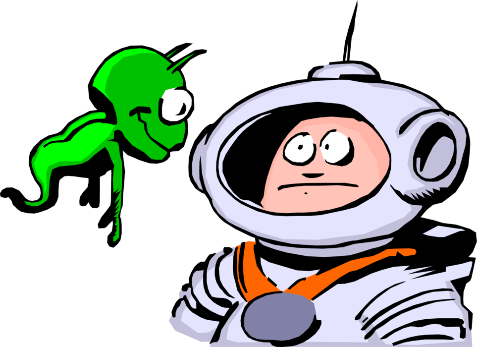 Vector Illustration of Spaceman with Extraterrestrial Space Alien Friend Discuss Plans