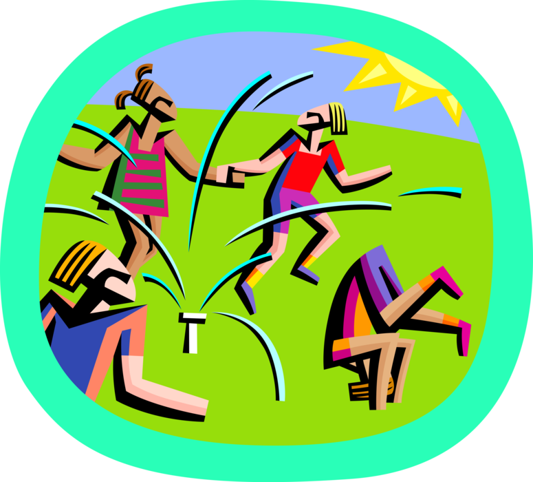 Vector Illustration of Children Playing in Water Sprinkler