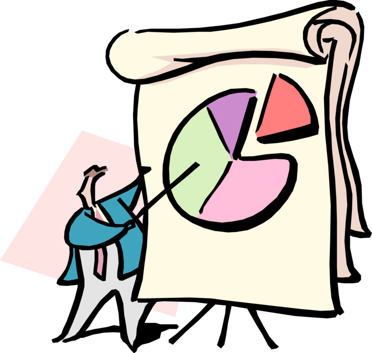 Vector Illustration of Businessman Presents Sales Results with Pie Chart Diagram or Graph