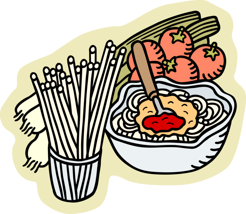 Vector Illustration of Italian Pasta Spaghetti Preparation with Tomatoes and Onions