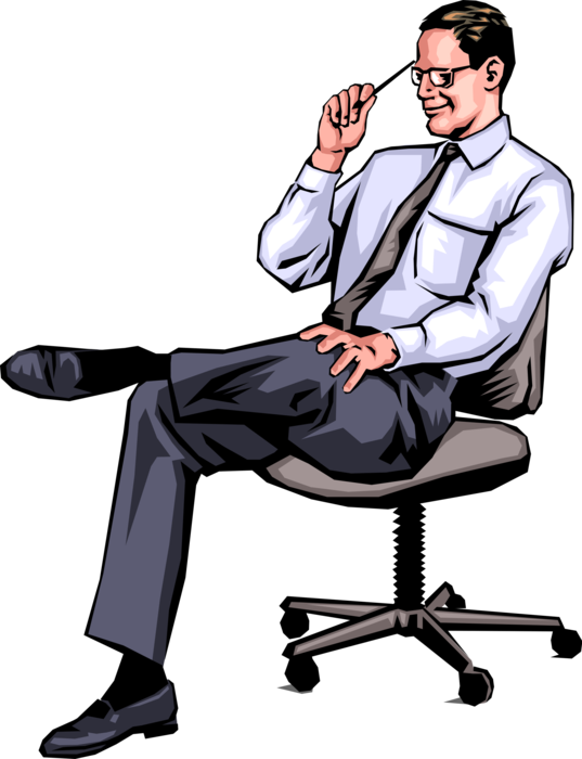 Vector Illustration of Businessman in Chair Scratches Head with Pencil While Thinking