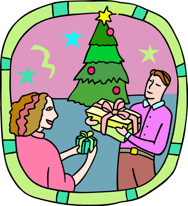 Vector Illustration of Couple Exchange Gifts at Christmas Under the Tree