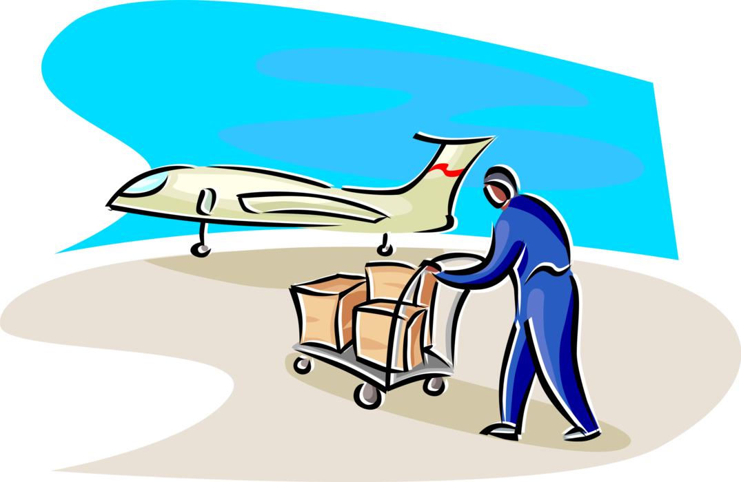 Vector Illustration of Air Travel Baggage Handler with Cart and Jet Airplane on Airport Runway