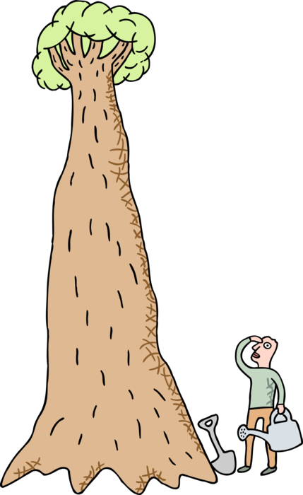 Vector Illustration of Man Watering and Nurturing Very Tall Tree