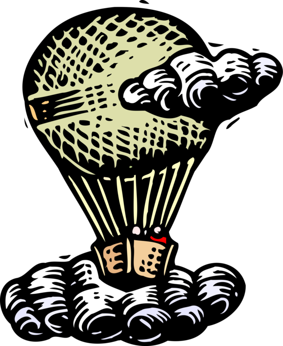 Vector Illustration of Passengers with Hot Air Balloon with Gondola Wicker Basket Carry Passengers Aloft