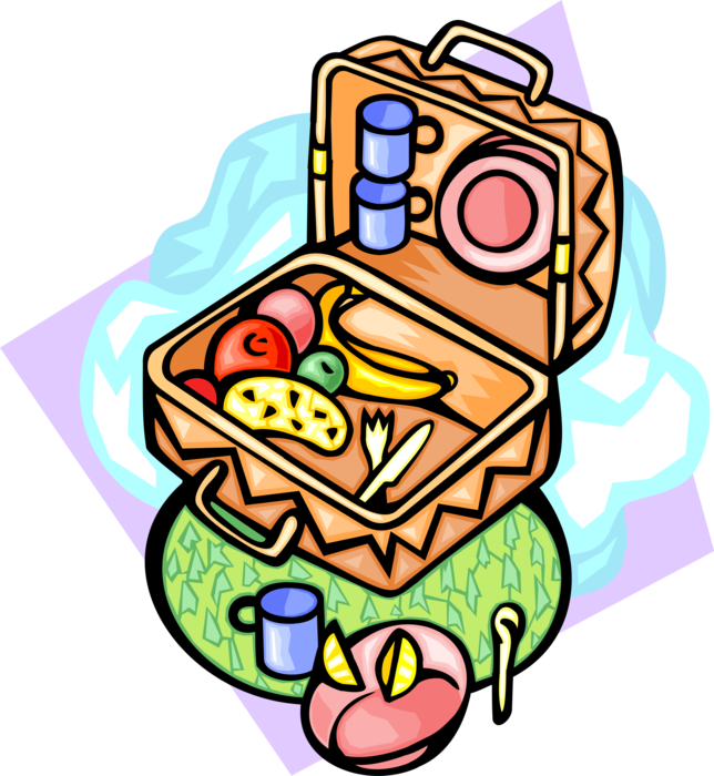 Vector Illustration of Picnic Hamper or Basket with Fresh Fruits and Meal Eaten Outdoors