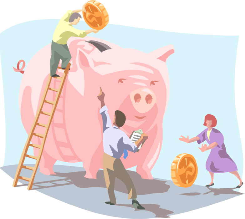 Vector Illustration of Teamwork Creates Wealth with Piggy Bank Coin Container