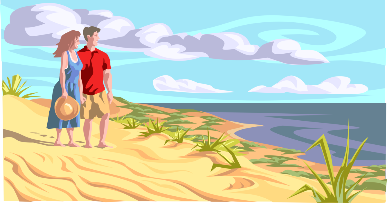 Vector Illustration of Vacation Couple Walk on Sandy Beach and Look Out at Ocean