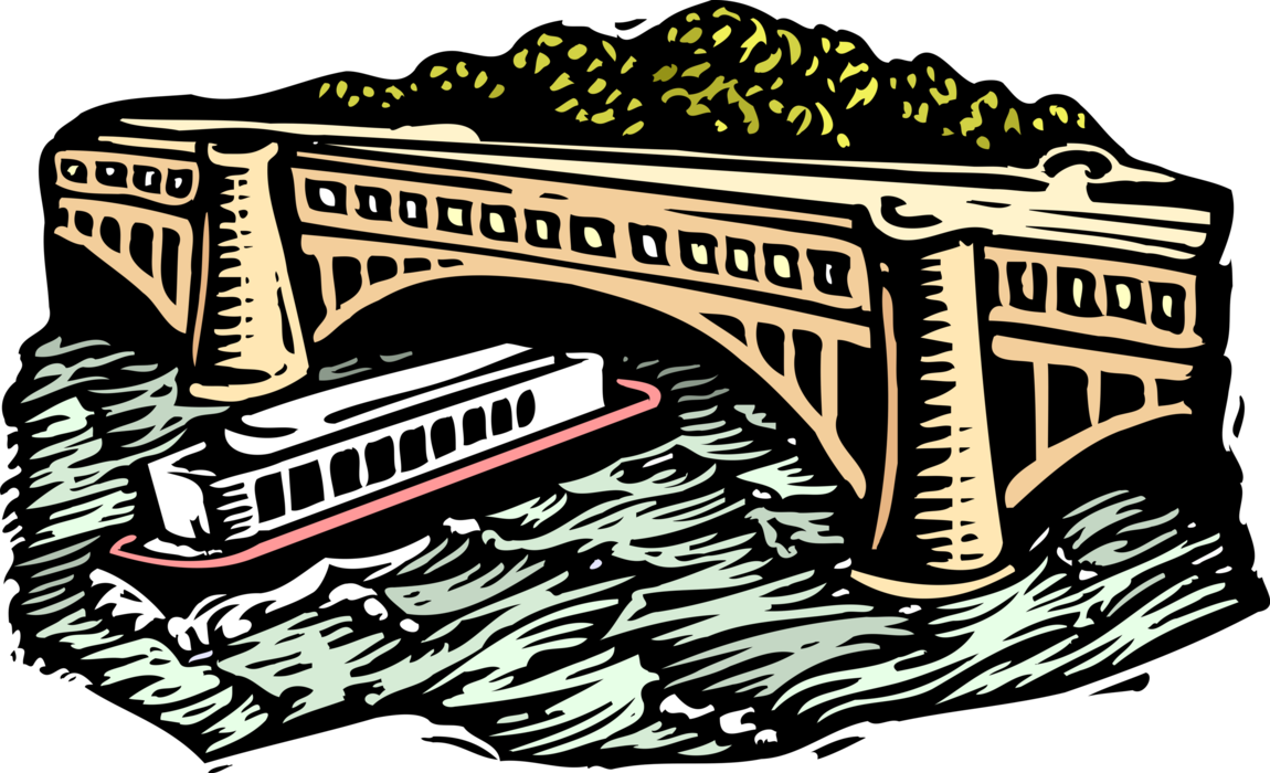 Vector Illustration of Bridge Over River Waterway with Tour Boat