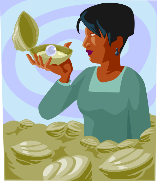 Vector Illustration of Woman Finding Pearl in Oyster Shell